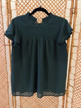 Women’s Dark Teal Swiss Dot Ruffle Sleeve Blouse